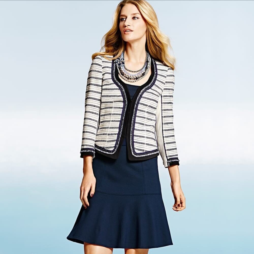 WHBM Striped Sparkle Hook-and-Eye Front Blazer Jacket - White / Navy - 6